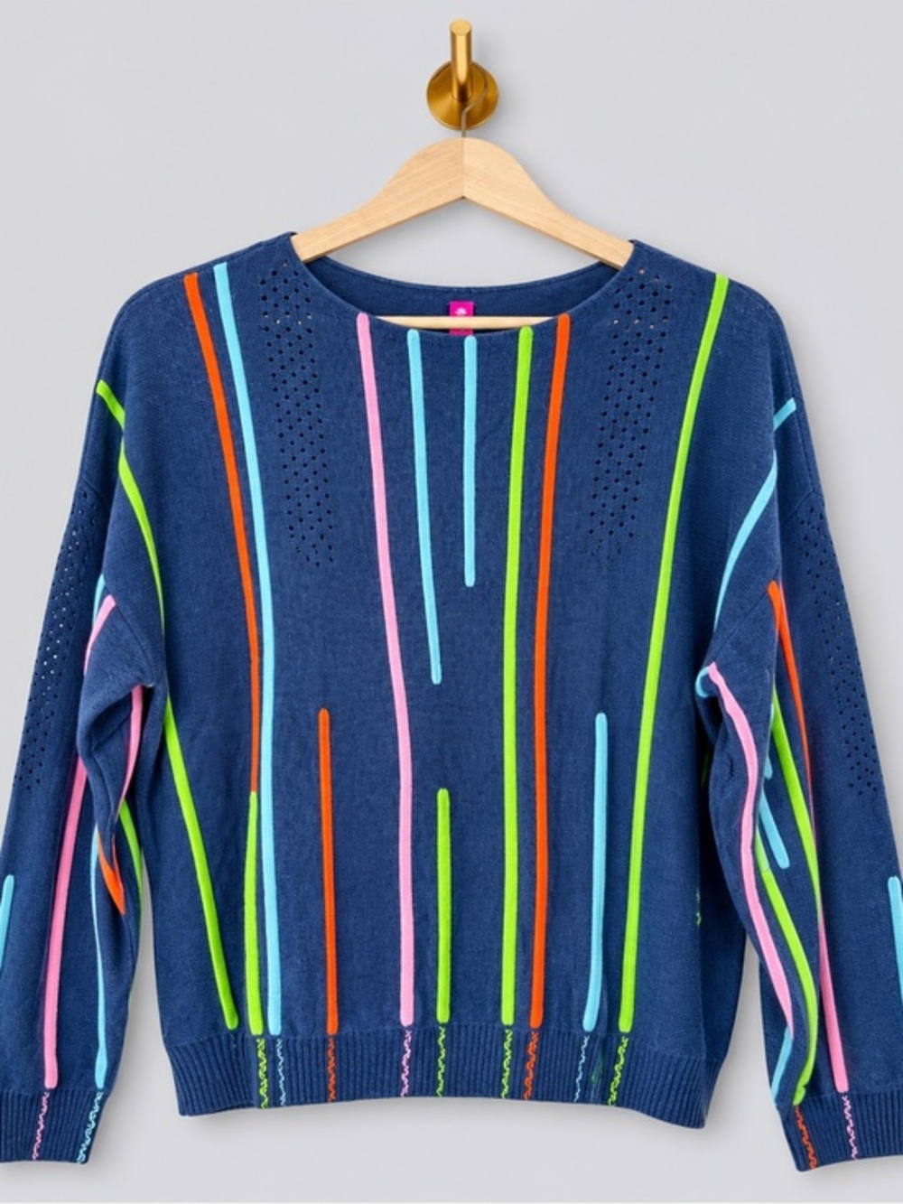 Zaket & Plover Colorful Stripe Sweater Large Navy Oversized Artsy Knit Pullover